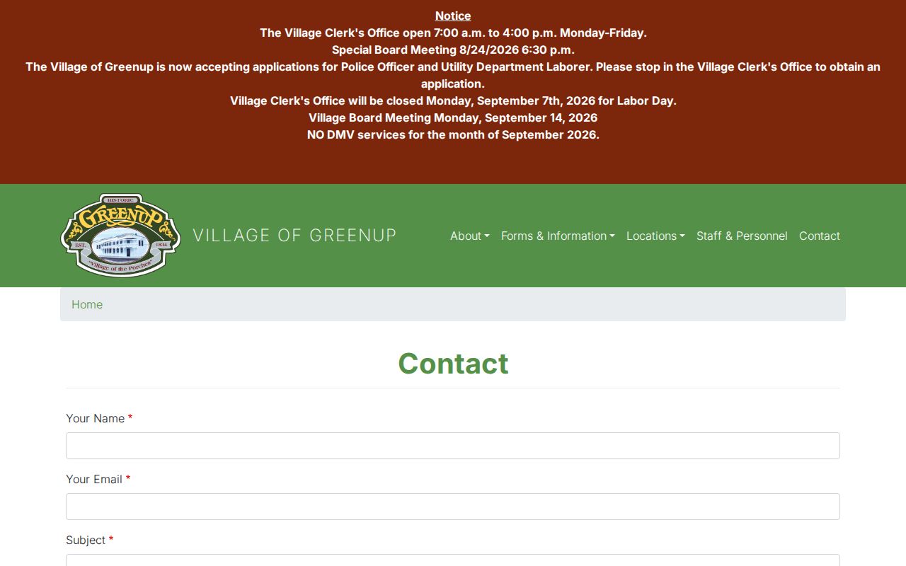 Greenup municipal contact page for Cumberland County arrest-record routing