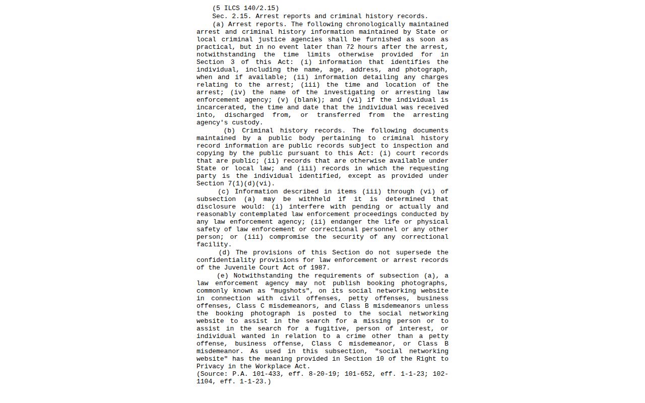 Illinois arrest-record disclosure statute for Cumberland County mugshot requests